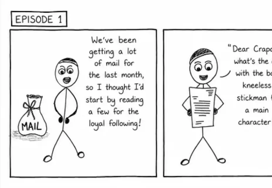 Comic strip panel: a stick-figure host holds up a mail bag and reads fan mail aloud, captioned "Episode 1"