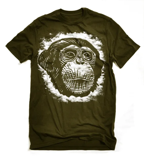 Olive green t-shirt printed with an illustrated chimpanzee wearing goggles